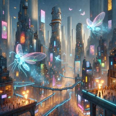 Primary subject: Large, colorful, futuristic city with flying insects.

Setting/background: The city is filled with tall buildings, and there are many flying insects, including butterflies, throughout the scene.

Visual style: The image is a digital art or illustration, featuring a vibrant and futuristic cityscape.

Colors and mood: The colors are predominantly blue, purple, and pink, creating a lively and dreamy atmosphere.